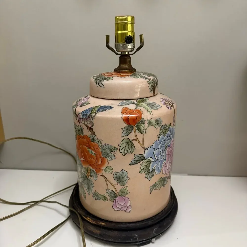Chinese Ginger Jar Table Lamp Enamel Porcelain Pink Floral Bird Chinoiserie